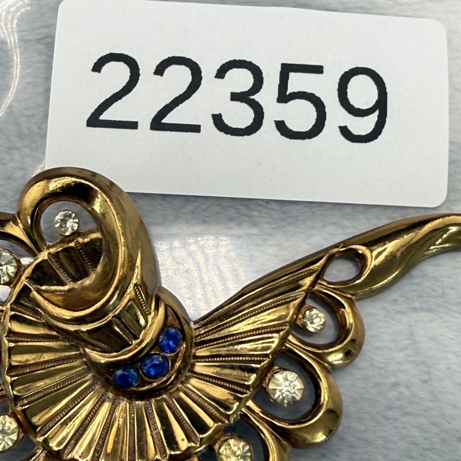 Vintage Gold Tone Blue Rhinestone