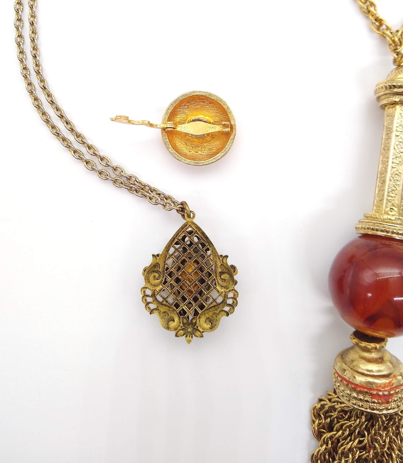 Amber Honey Topaz Color Beads Necklaces Lot of 6 Gold Tone Tassel Filigree Vinta