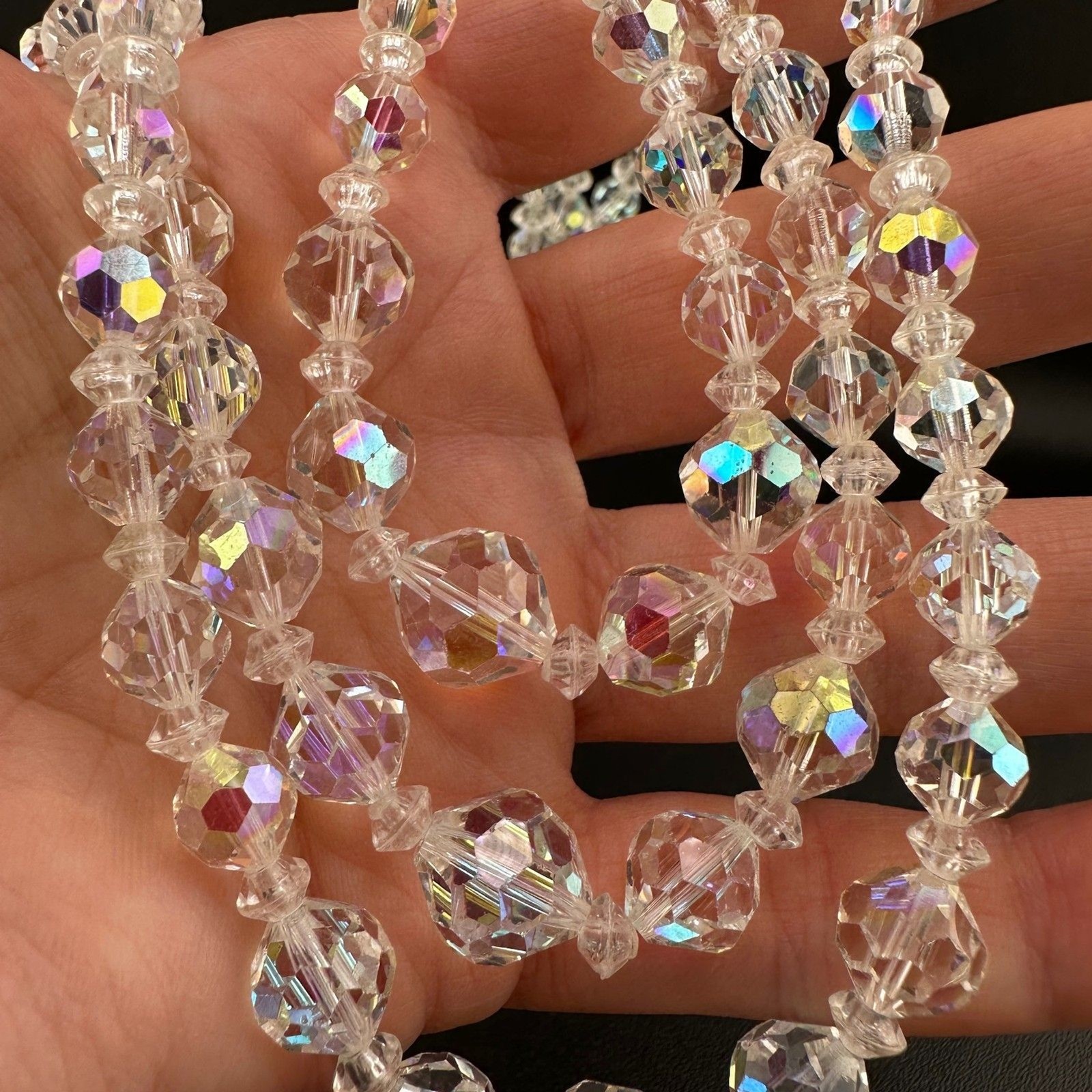 Vintage Aurora Borealis Necklace Crystal Faceted Three Strand Adjustable Hook