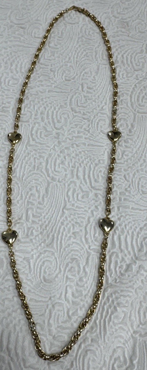 Vintage Gold Tone Multiple Puffed Heart Charms Station 36” Necklace