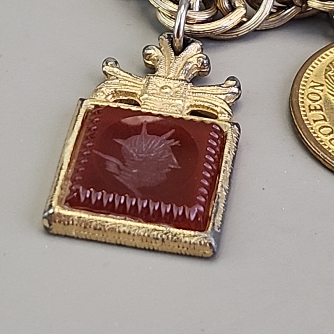 Vintage Intaglio Charm Coin Bracelet Carnelian Signet 7″ Signet Gold Tone Worn