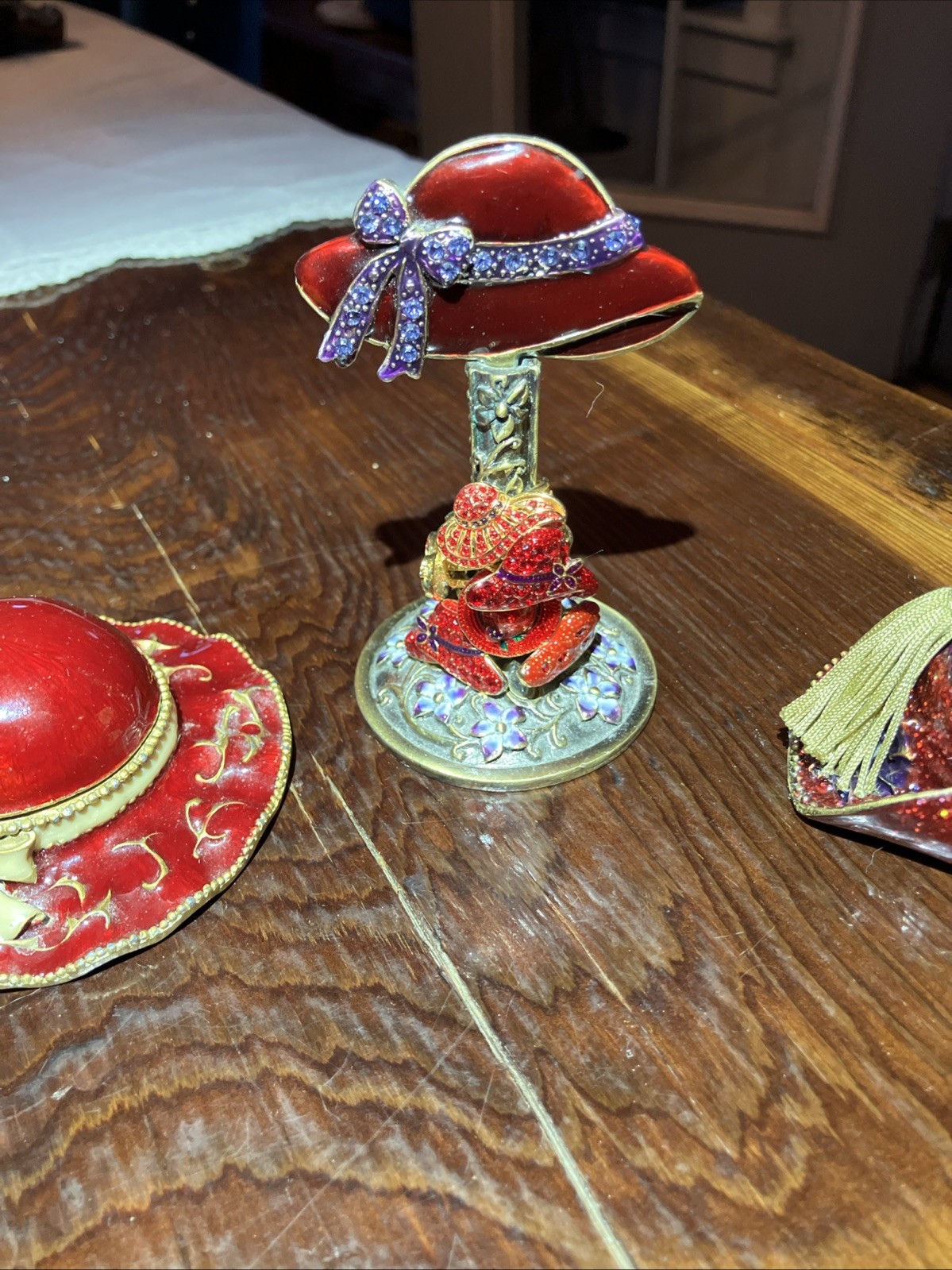 Red Hat Society 3pc + 6 Rings Set Trinket Box Ring Holder Perfume Bottle Vintage