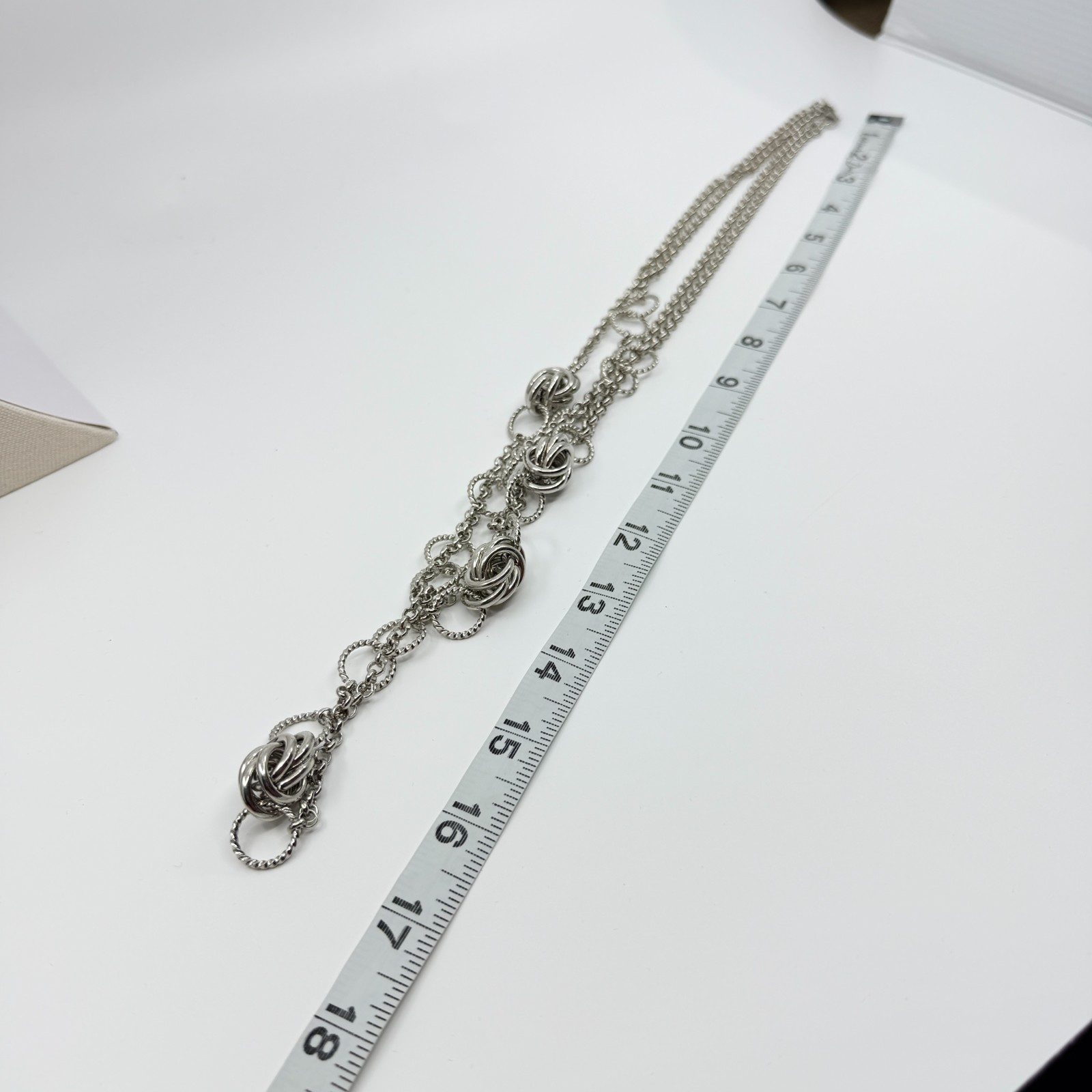 Vintage Silver Tone Long Layered Chain Necklace Textured Love Knot Station Boho
