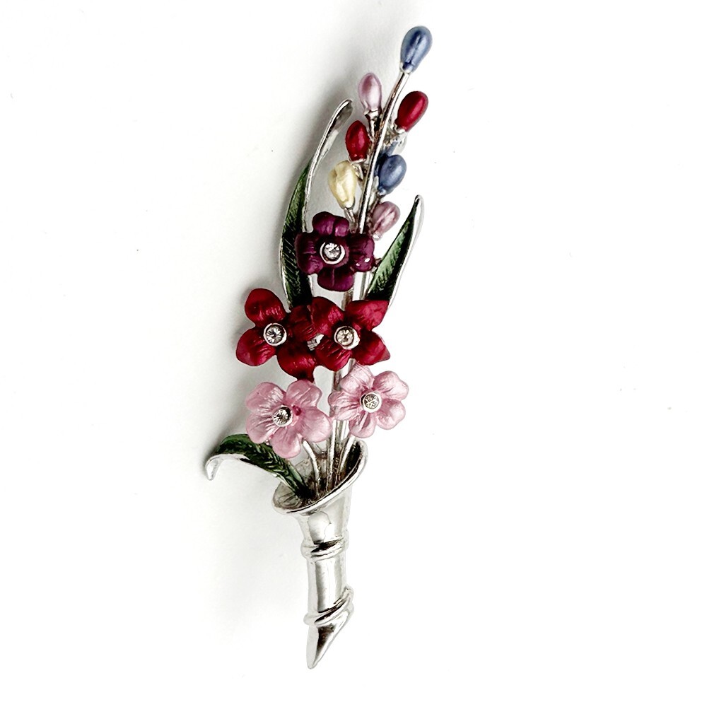 Vintage Floral Bouquet Brooch Pin Silver Tone Pink Red Purple Flowers Unsigned