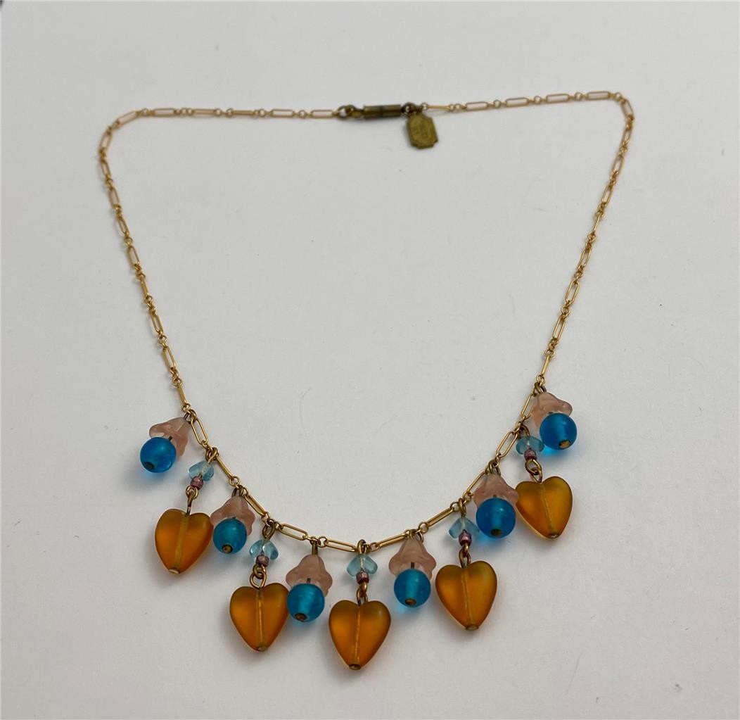 1970’s Pididdly Links Czech Glass Hearts & Flowers Charm Necklace 16″