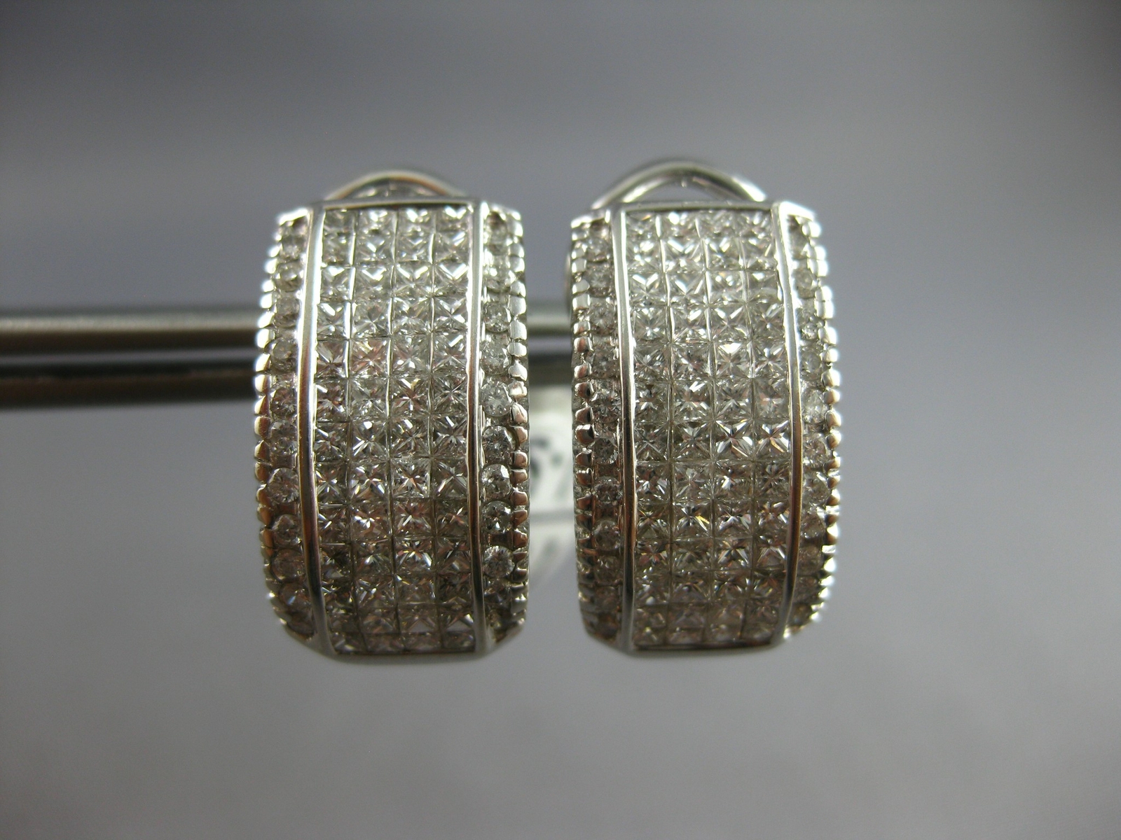 LARGE 1.52CT DIAMOND 14K WHITE GOLD 3D ROUND & PRINCESS CLIP ON HANGING EARRINGS