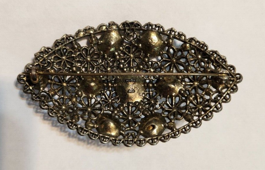 Vintage New England Glass Works Czech Filigree MultiColored Gemstones Pin Brooch