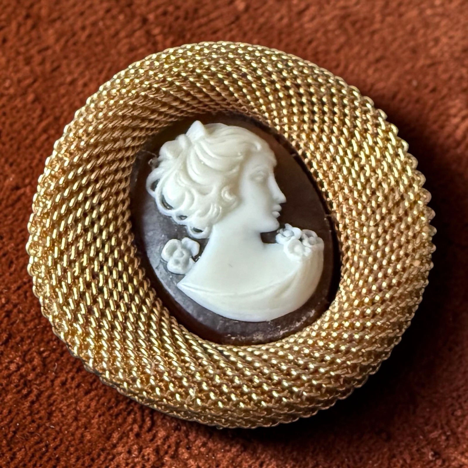 Cameo Brooch Pin Gold Tone Mesh Vintage Lady Portrait Victorian Revival
