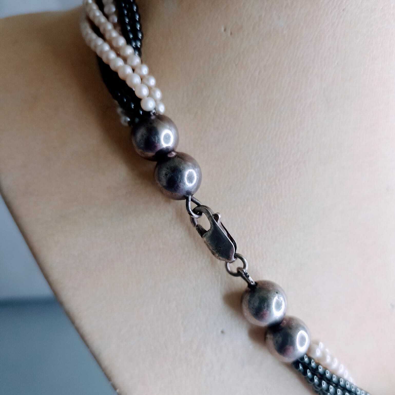 Vintage Pearl and Gray Hematite 8 Stranded Necklace with Sterling Silver Clasp