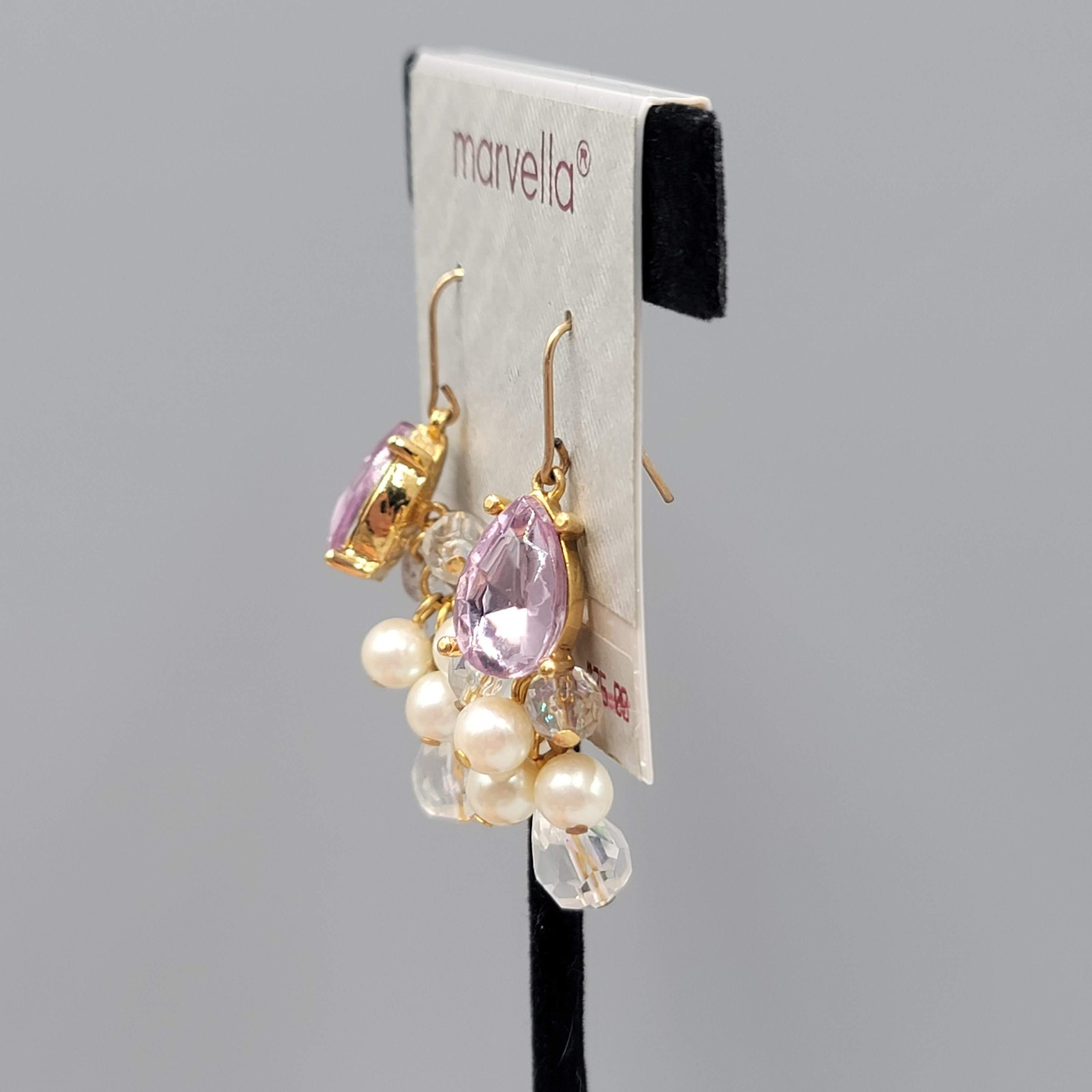 Vintage Marvella Pink Rhinestone White Bead Pierced Earrings Dangle 1.25″