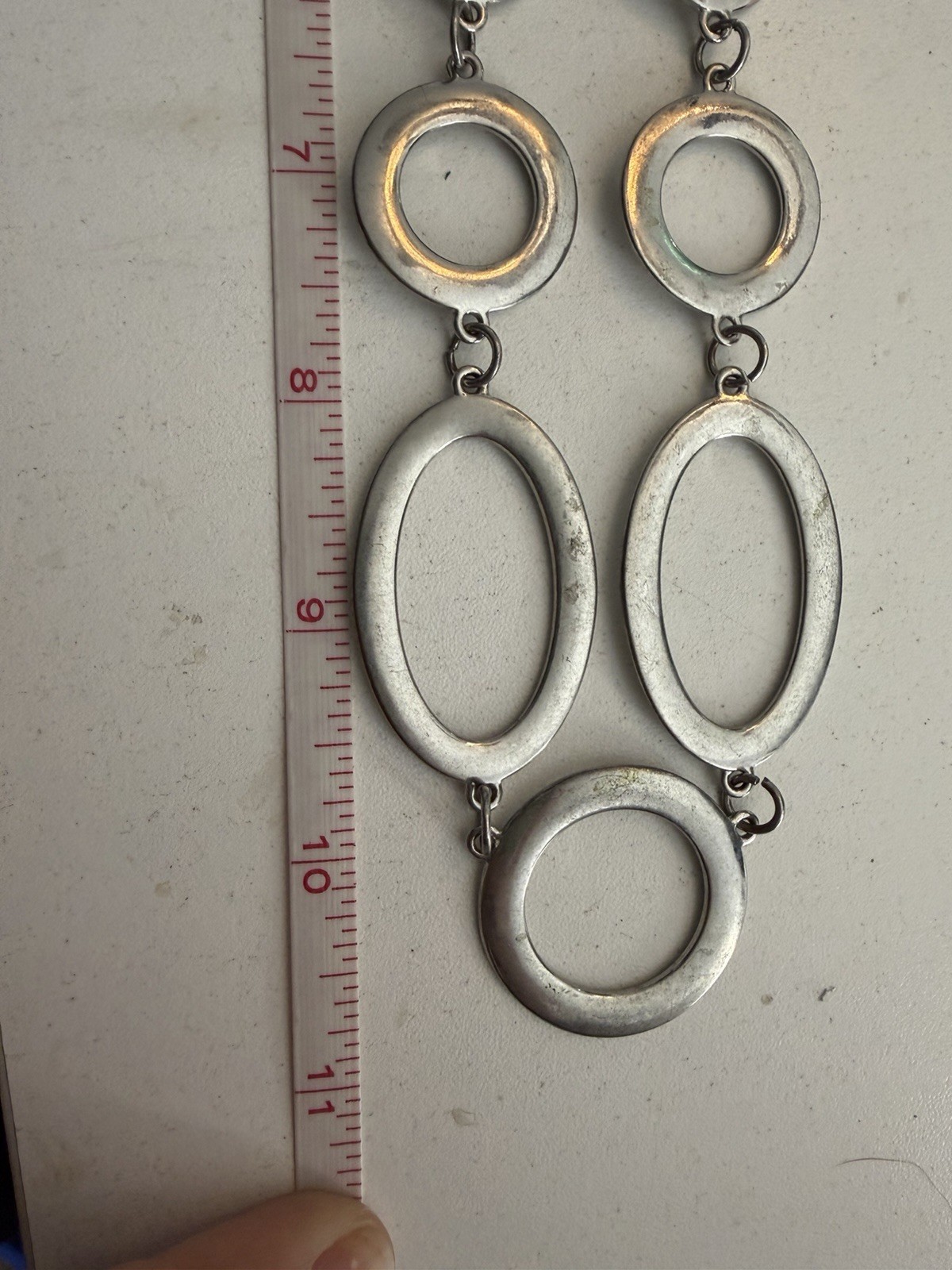 Signed W Silver Tone Open Circle Oval Link Statement Necklace Matte Modern 22in