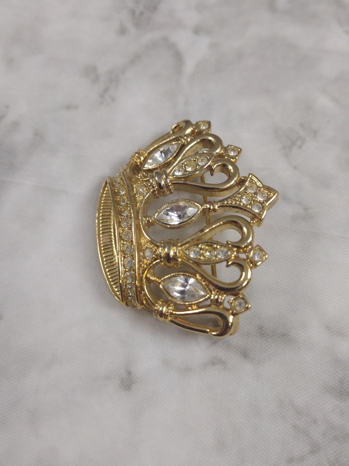 Signed KJL for Avon Vintage Crown Brooch, Pin Gold Tone with White Rhinestones