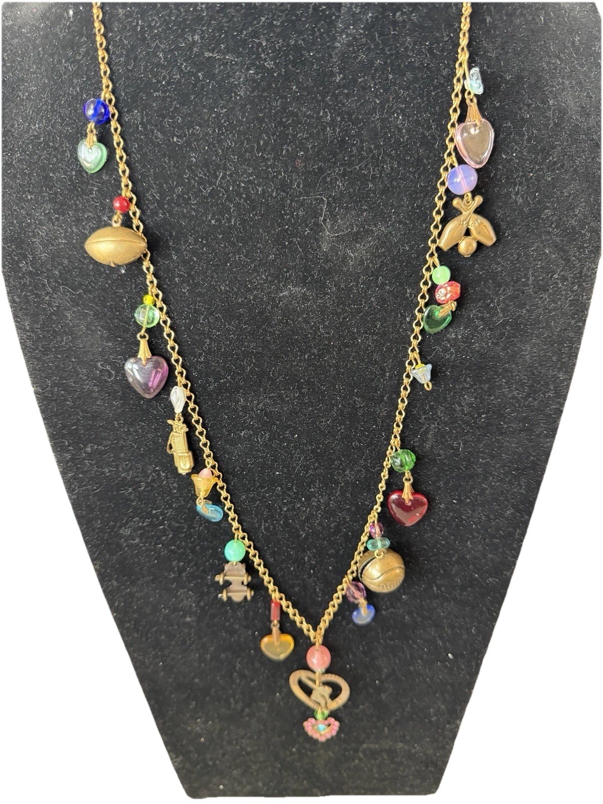 Vtg Glassworks Studio Charm Sports/Bowling Theme Heart 28″ Necklace Unsigned