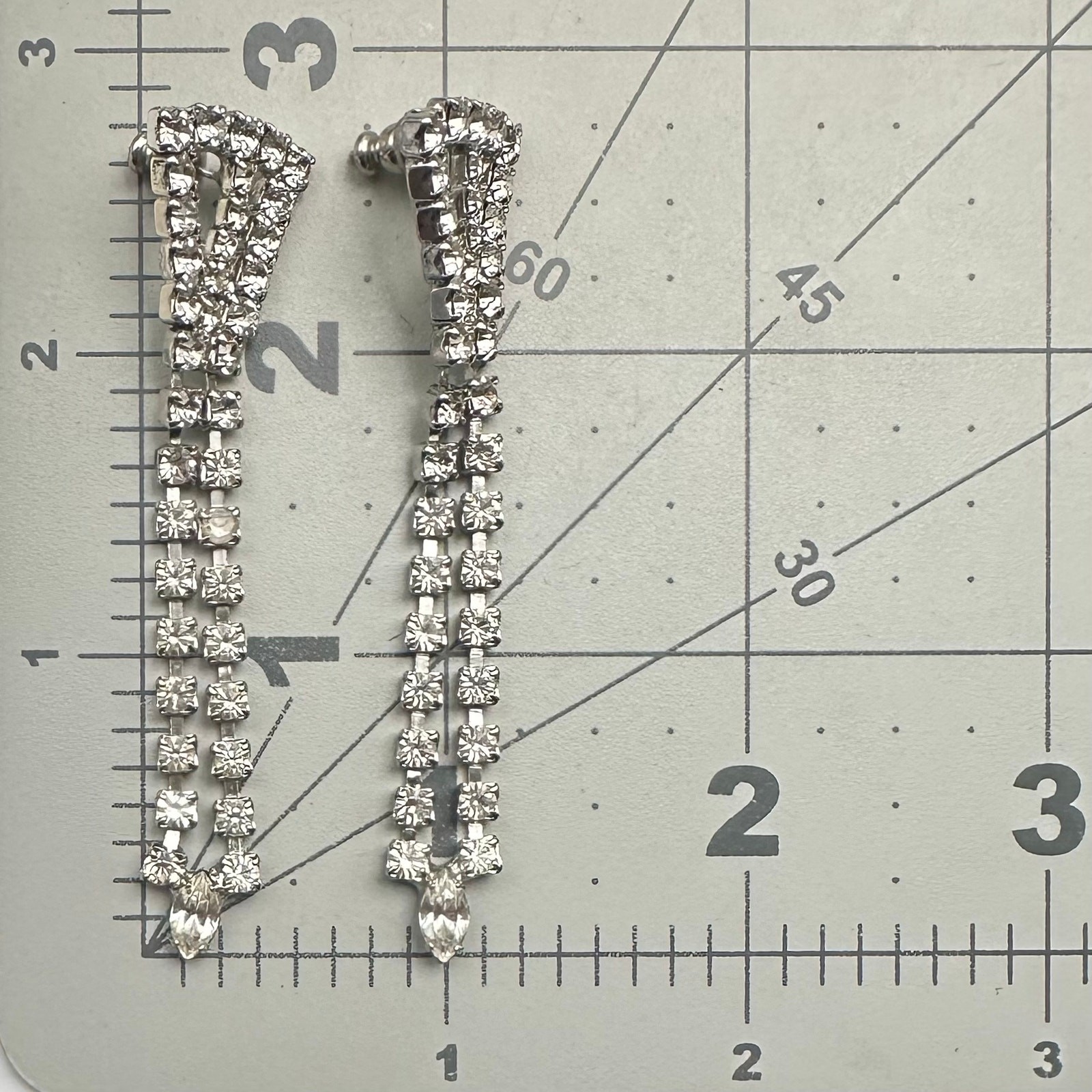 1950s 1960s vintage silver tone clear rhinestones fringe drop post earrings