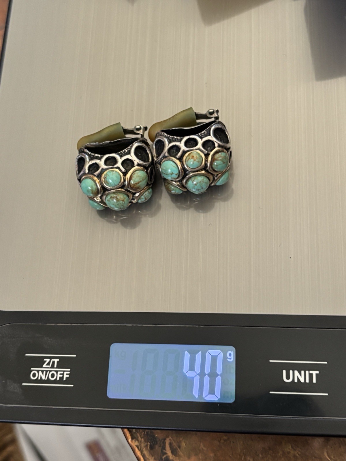 RARE DIAN MALOUF STERLING SILVER 14K Gold Turquoise Clipon Earrings 40 Grams