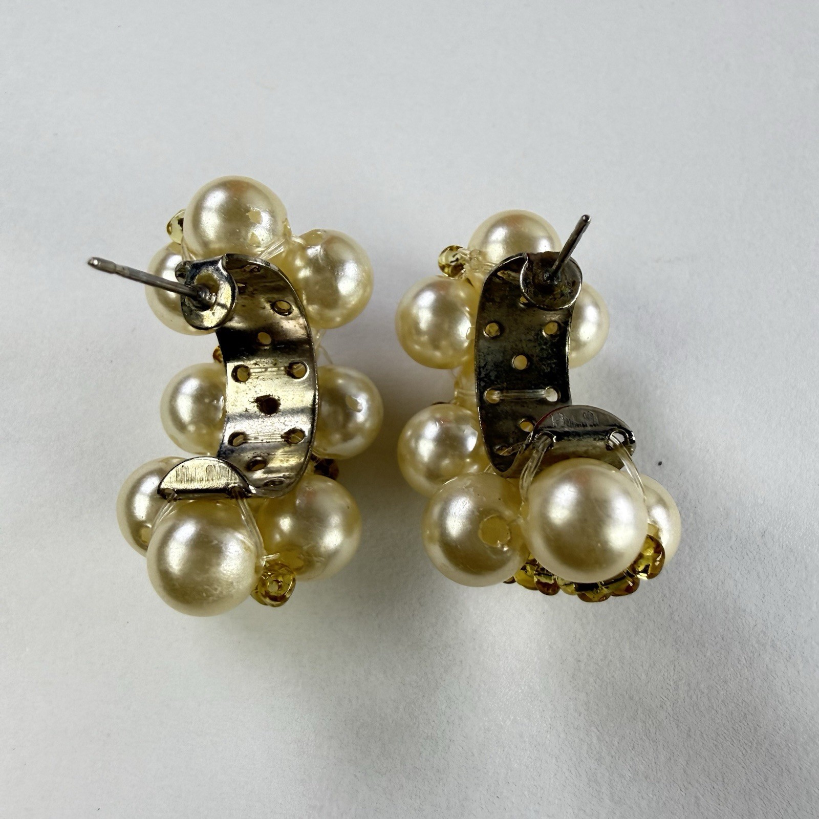 Vtg Faux Pearl Cluster Earrings Omega Back Post Ivory Gold Beaded Bridal