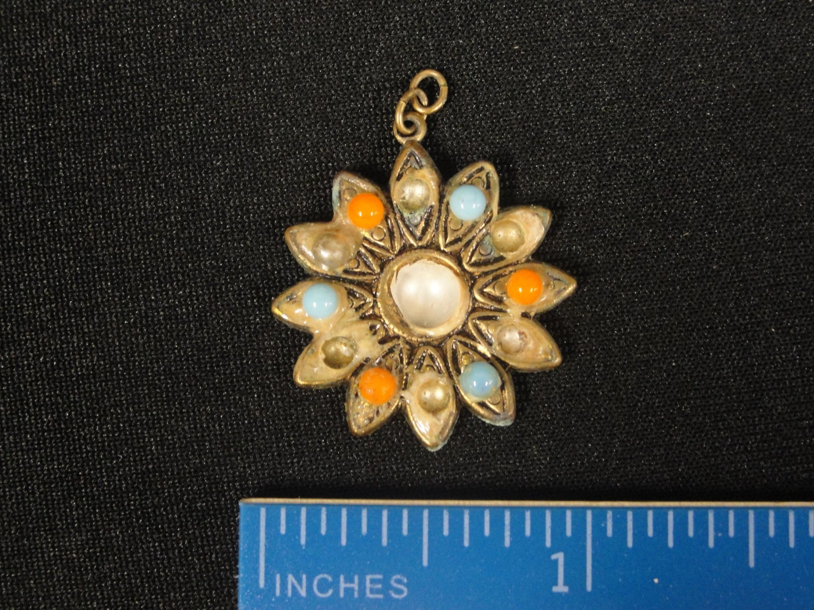 Vintage Flower Shaped Pendant Charm w/ Beads Some Missing