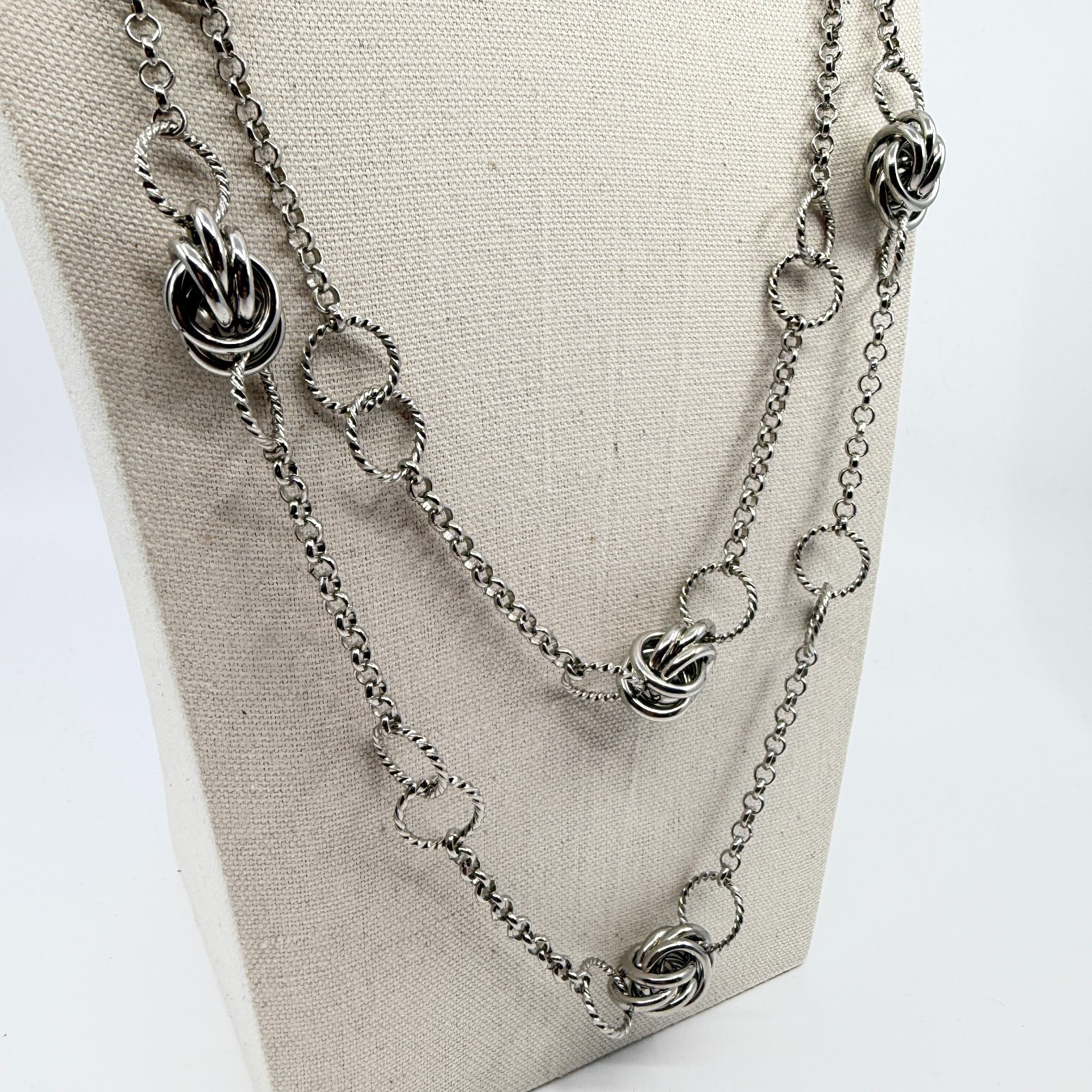 Vintage Silver Tone Long Layered Chain Necklace Textured Love Knot Station Boho