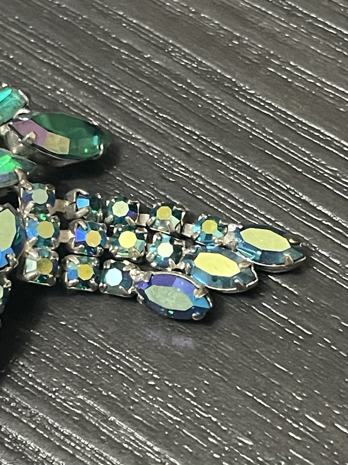 “Blue Lagoon” Style Aurora Borealis Crystal Rhinestone Tassel Brooch Vtg Estate