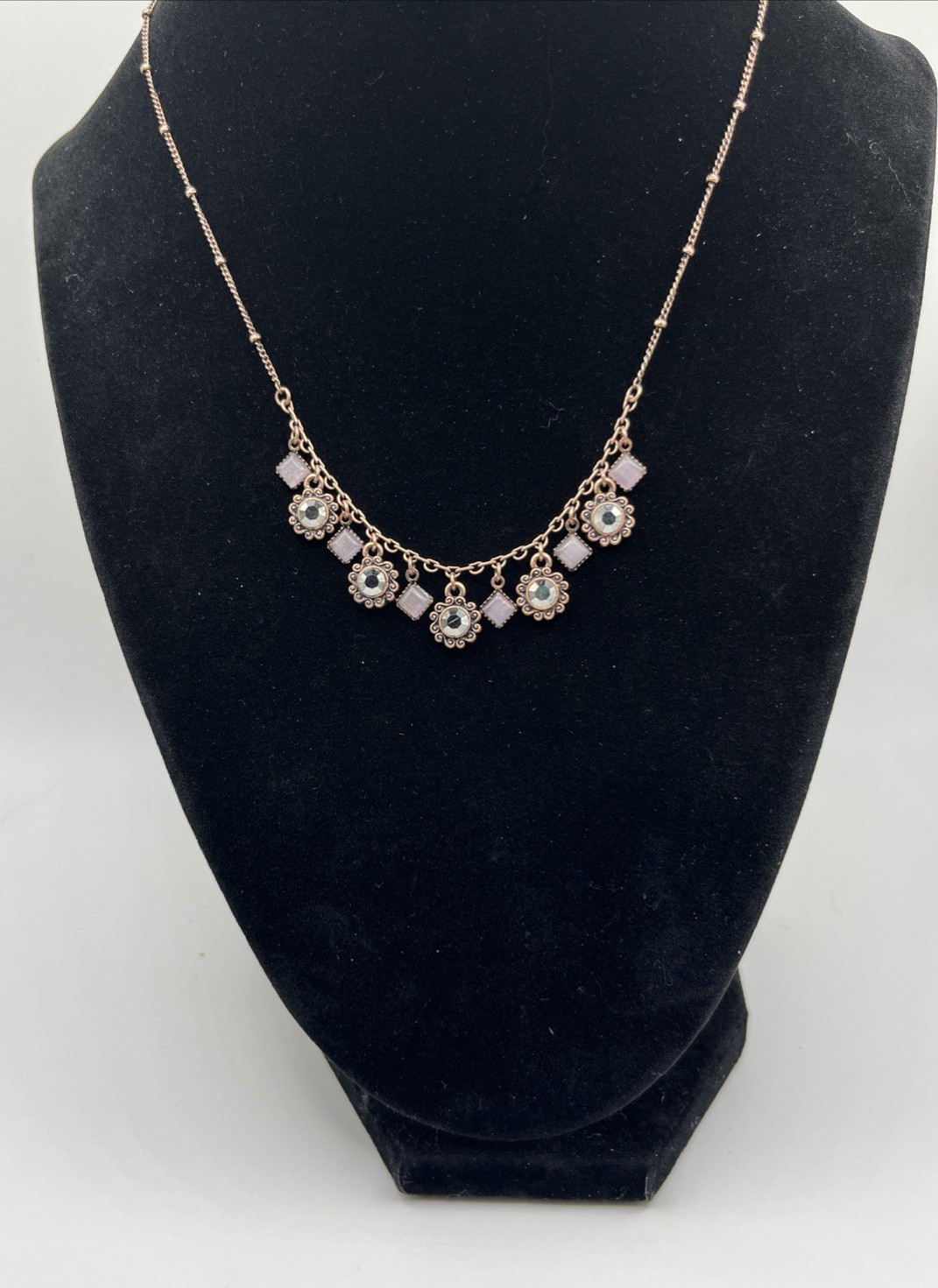 Lia Sophia Demure Copper Tone Rhinestone Dangle Charm Necklace Dainty Feminine