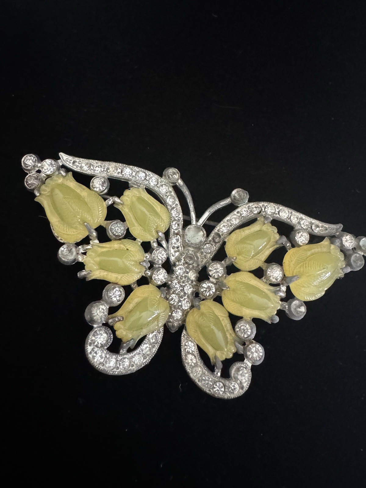 RAREST VTG Vintage Costume Yellow Glass Fruit Salad CURVED BUTTERFLY BROOCH AS I