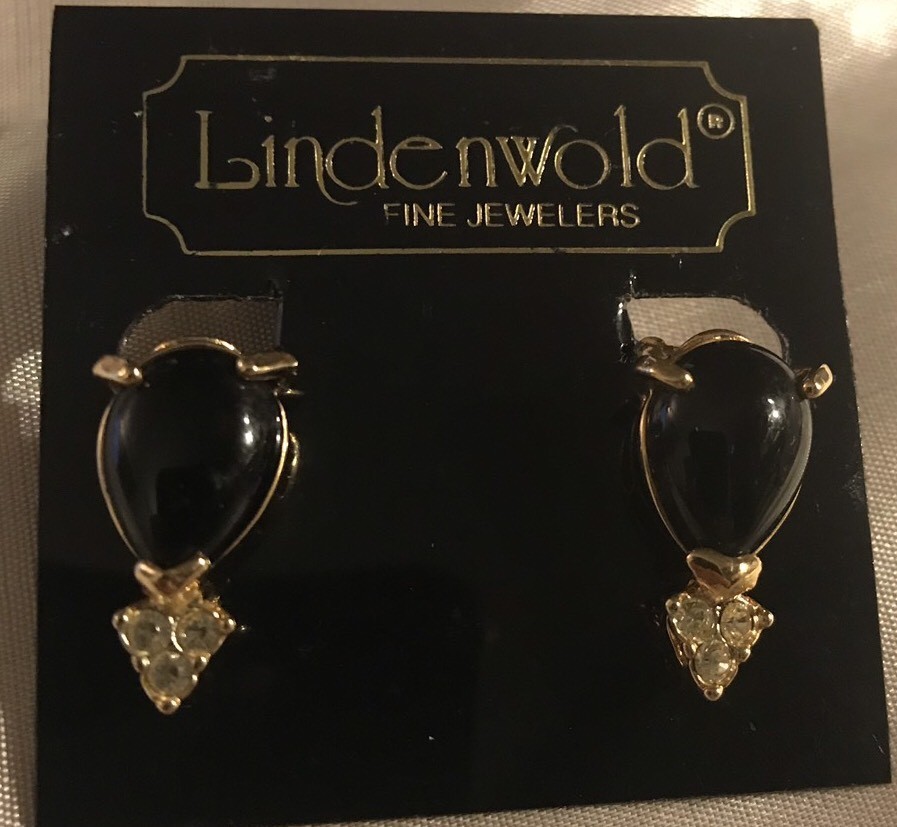 Lindenwold Pear Shape Black Onyx & Swarovski Crystal Clip-on Earrings 14k HGE