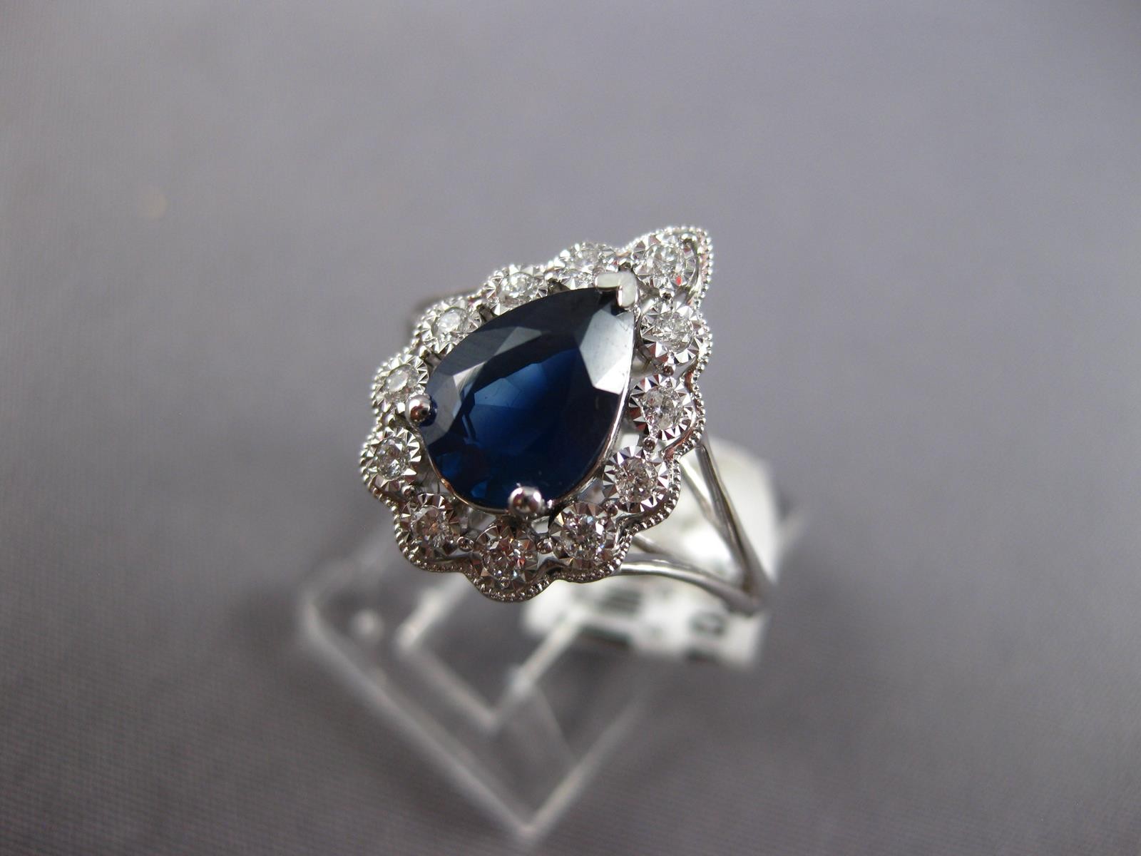 WIDE 1.52CT DIAMOND & AAA SAPPHIRE 14KT WHITE GOLD 3D PEAR SHAPE ENGAGEMENT RING