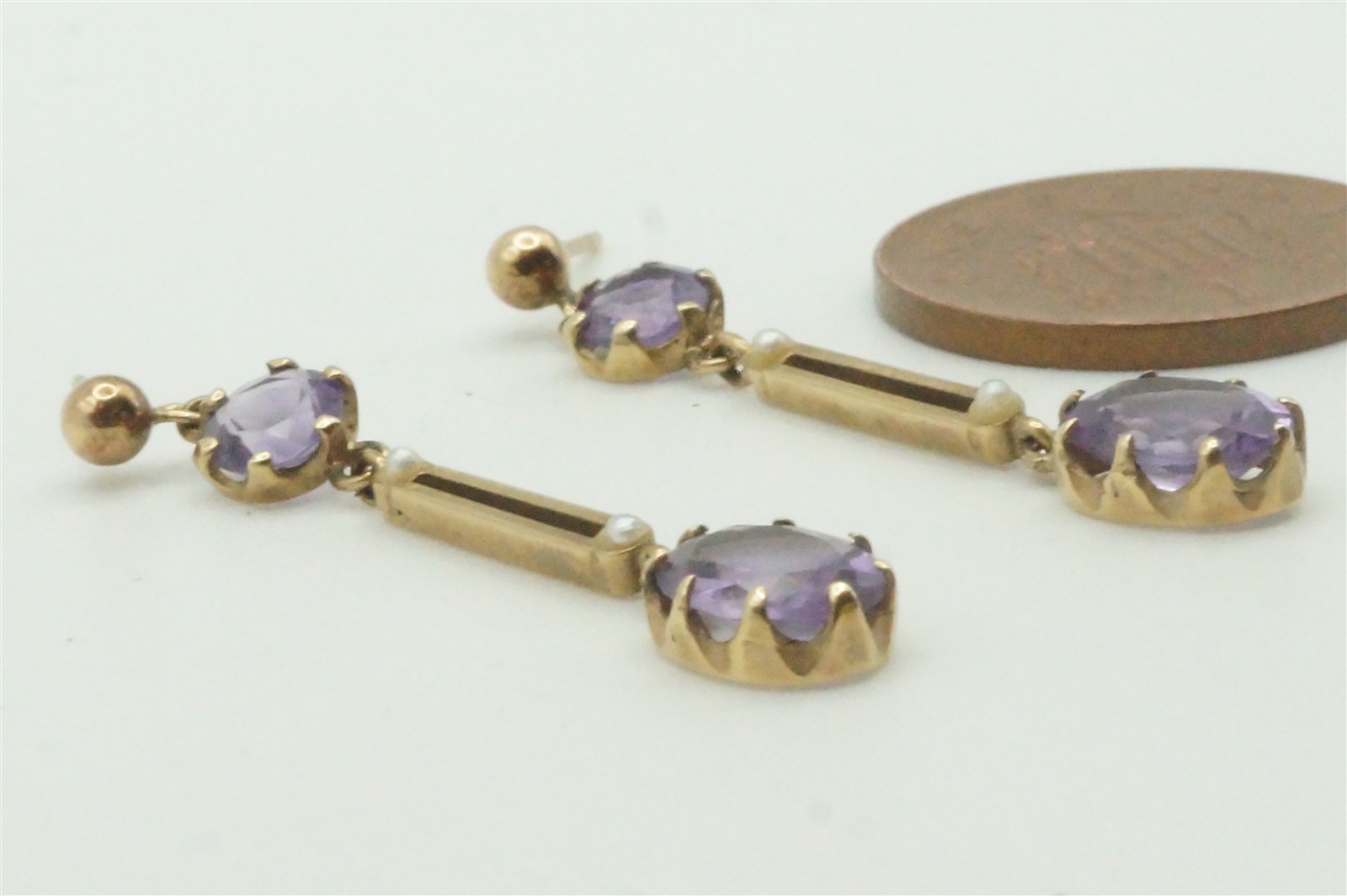 ANTIQUE ENGLISH 9 CARAT GOLD AMETHYST & PEARL DROP EARRINGS c1900