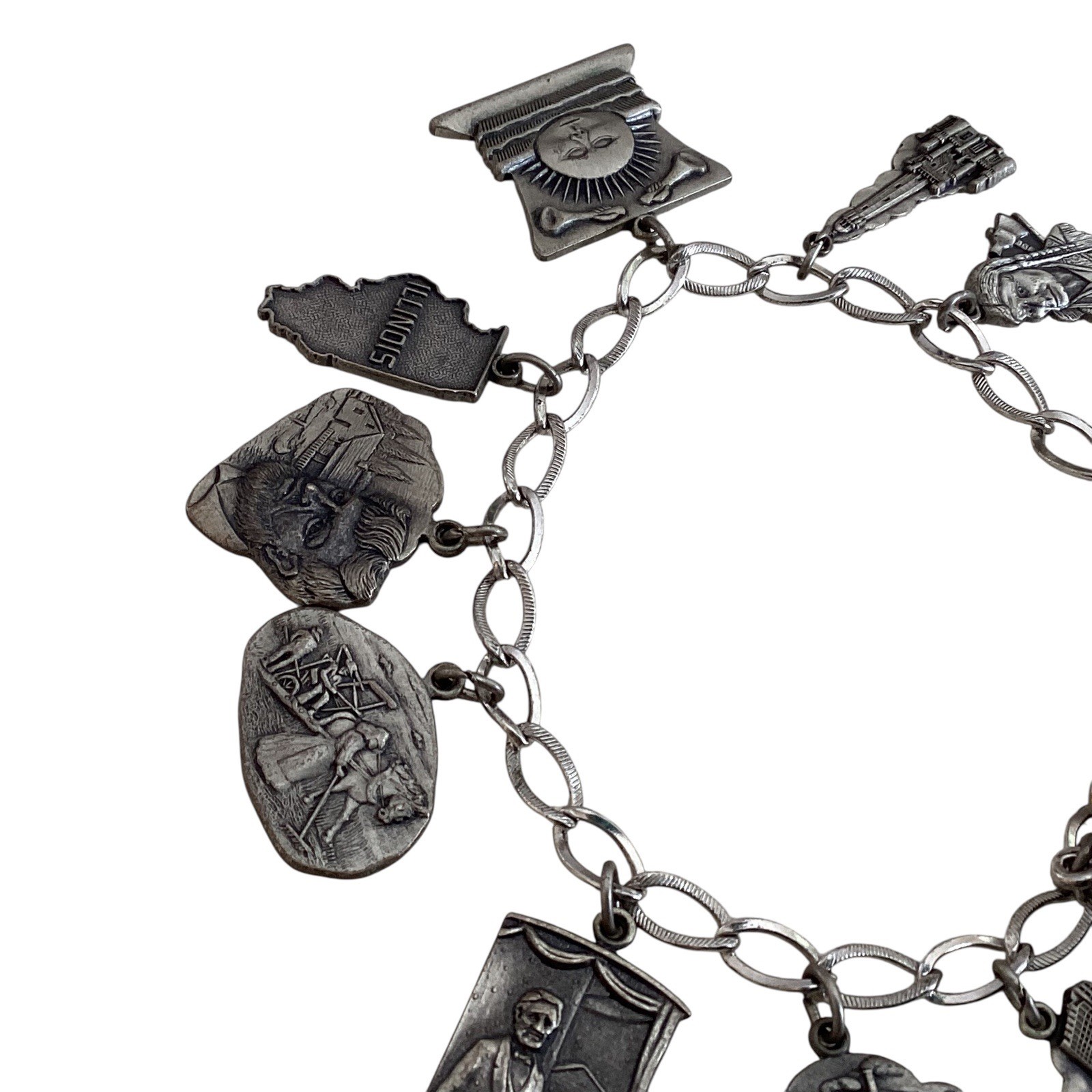 Sterling Silver Historic Illinois Charm Bracelet Lincoln Heartland Chicago 44g