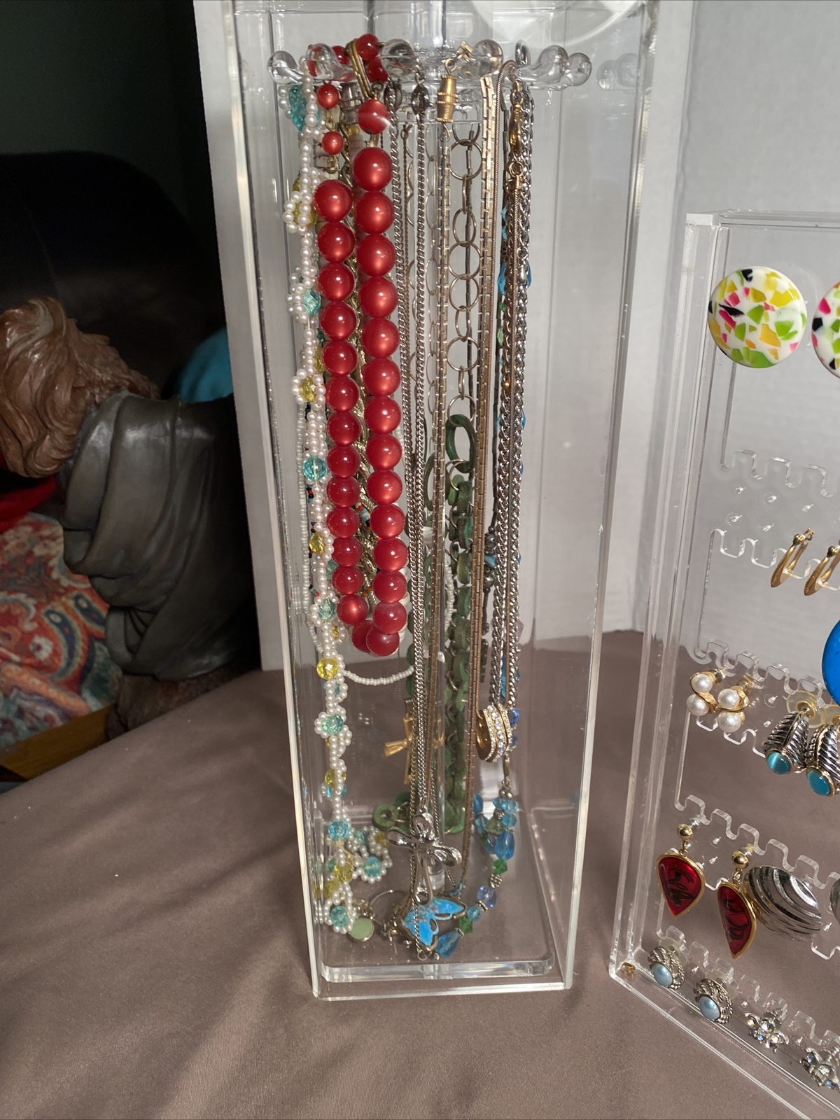 Vintage Lot 60 Pairs Earrings, 15 Necklaces & Acrylic Displays Monet, Avon