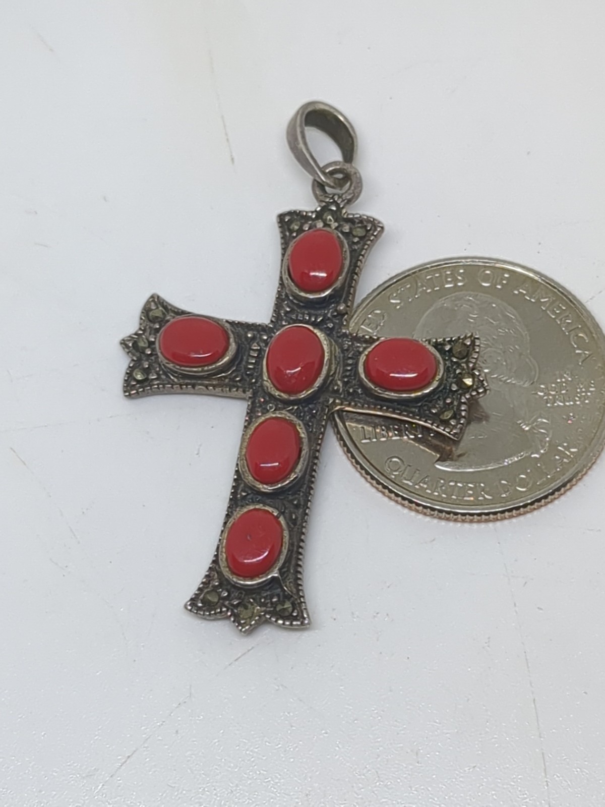 Vintage Sterling Silver 925 Southwestern Red Coral Marcasite Cross Pendant