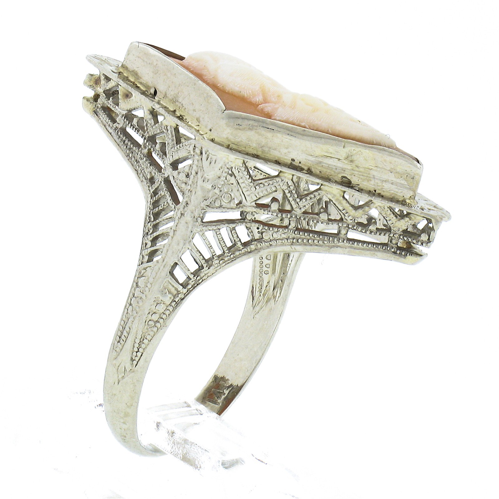 Antique Art Deco 14K White Gold Lozenge Shape Carved Shell Cameo Filigree Ring