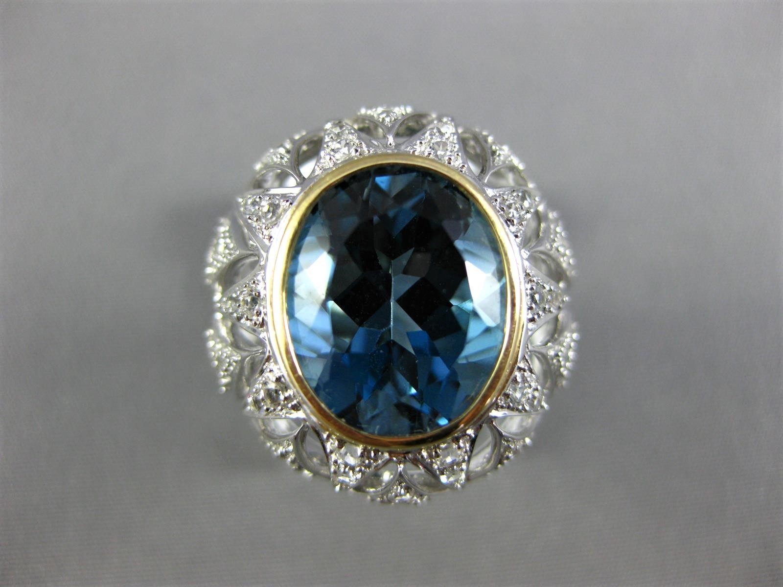 LARGE 6.04CT AAA LONDON BLUE TOPAZ & WHITE SAPPHIRE 14KT 2 TONE GOLD OVAL RING