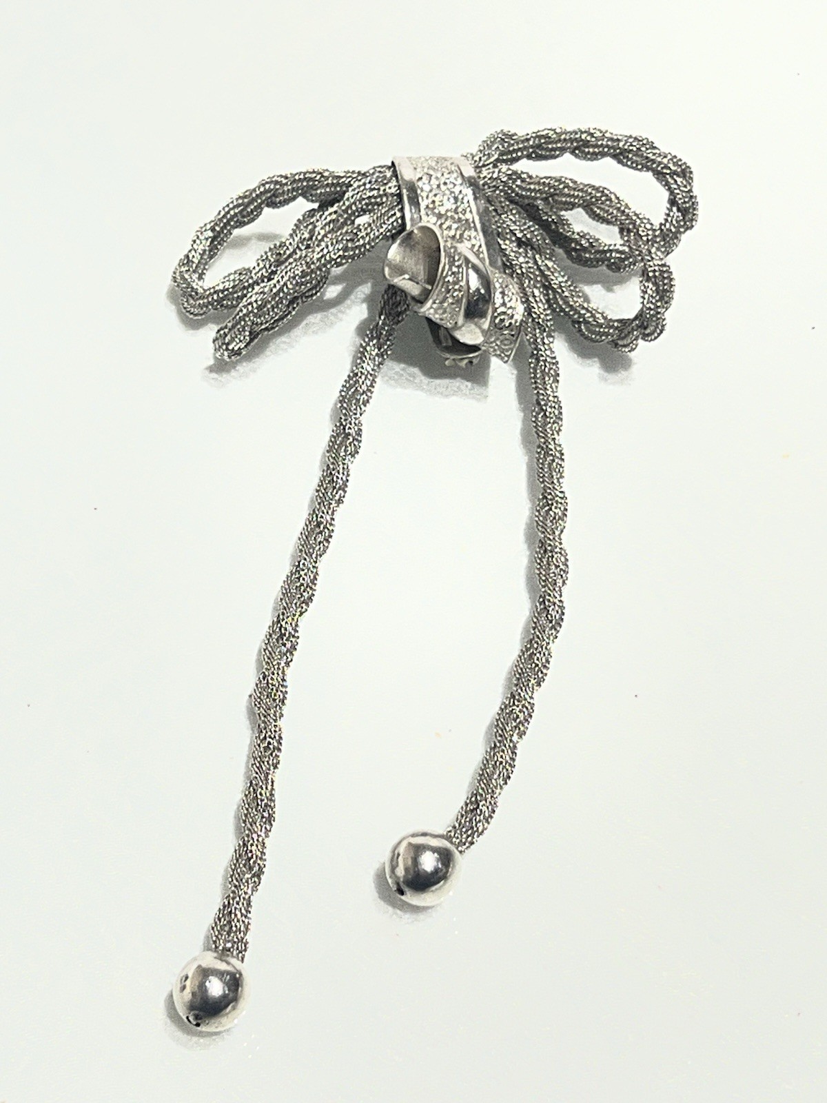 Vintage Silver Tone Woven Mesh Ribbon Bow Brooch Pin Dangle Tassel Retro 1970s