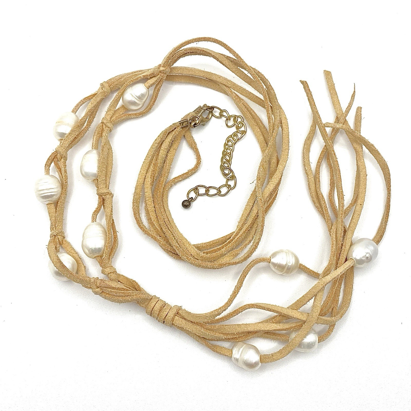 Vintage 10 Baroque Pearl Lariat Necklace Tan Suede Leather Cord Boho Choker