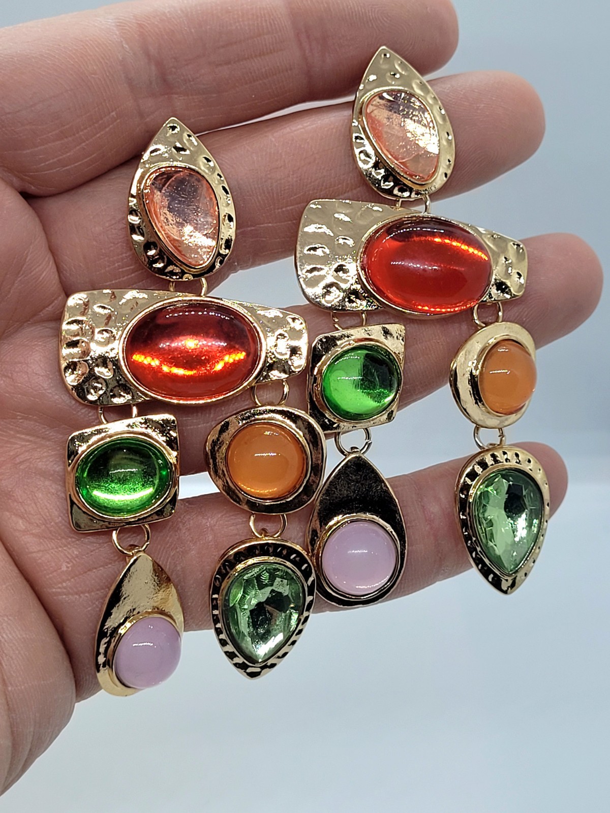 Retro GoldTone Multicolor Gemstone Dangle Drop Oversized Statement Post Earrings