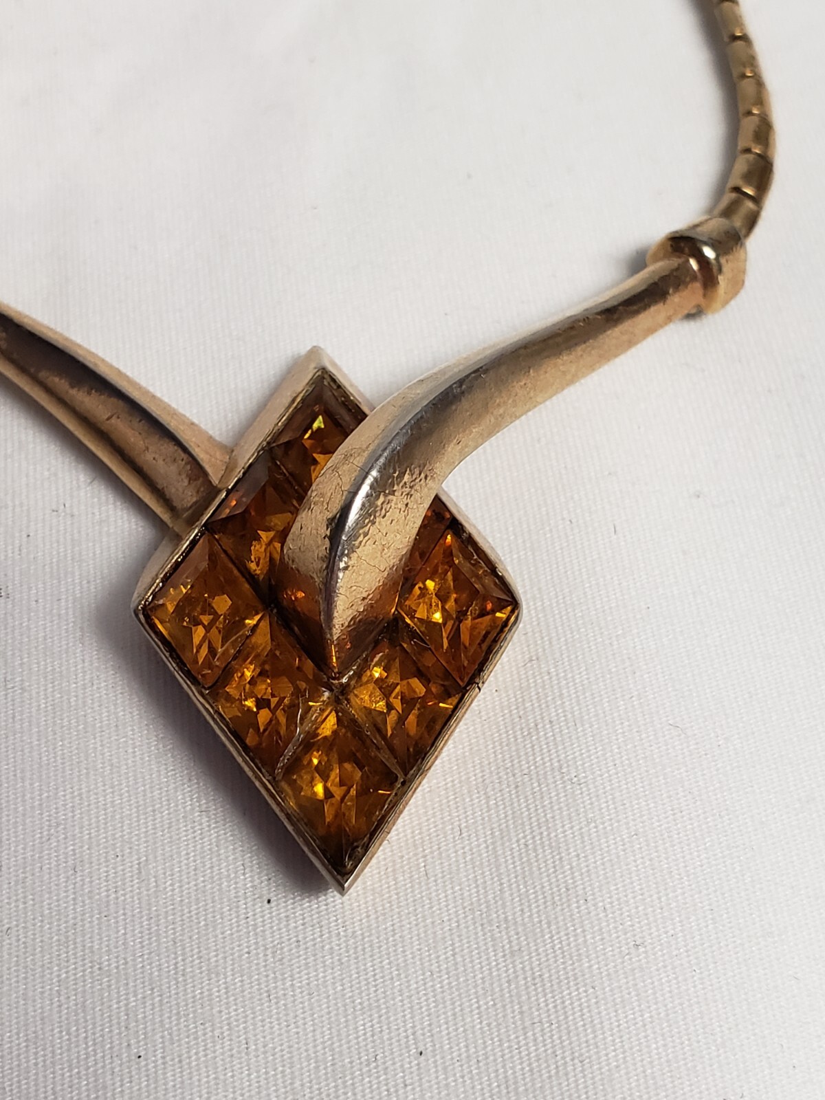 Vintage Crown Trifari Amber Lozenge Rhinestone Choker Necklace Goldtone 14″