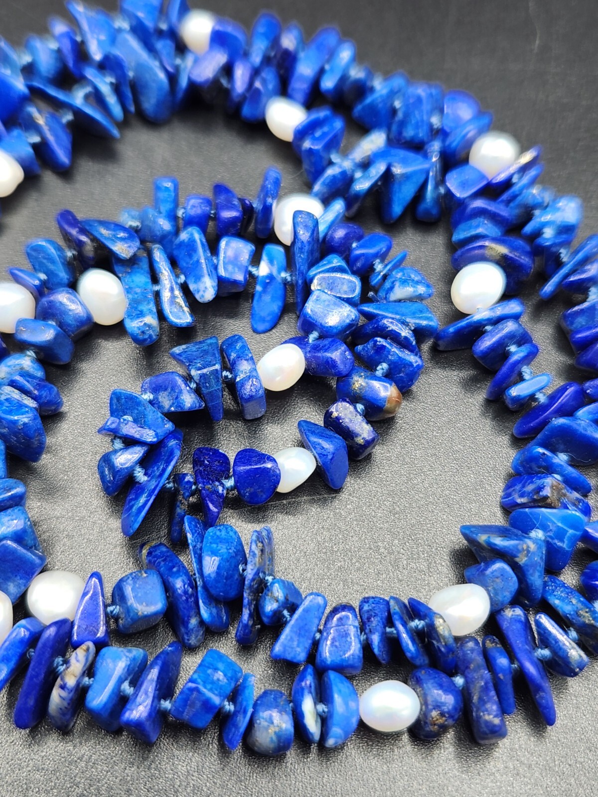 Genuine Pearl and Lapis Lazuli Chip Bead Knotted No Clasp Necklace