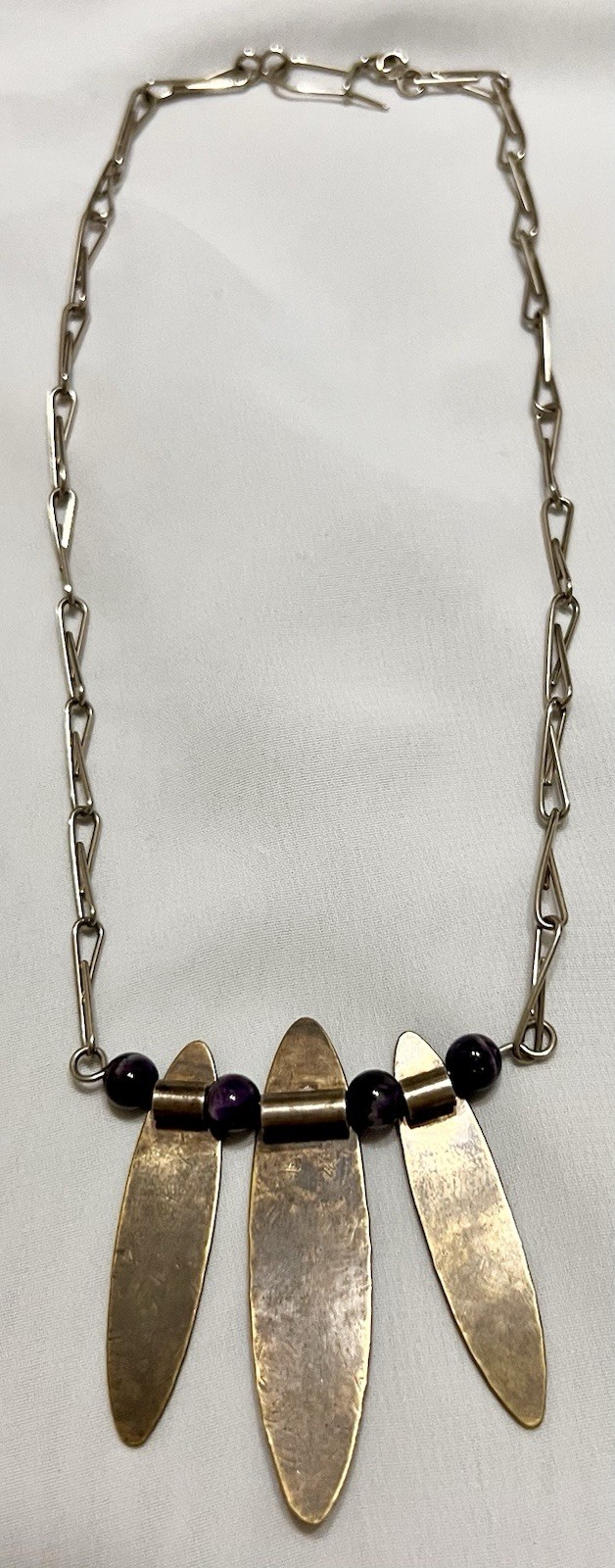 Abstract BRUTALIST Brass Metal AMETHYST BEAD PENDANT & Necklace Chain VINTAGE