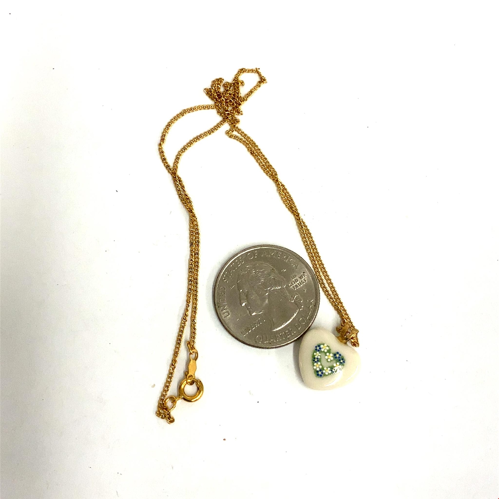 Vtg Signed 14k Gold Filled Lenox Puff Heart Porcelain Pendant Necklace sz 18 1/2