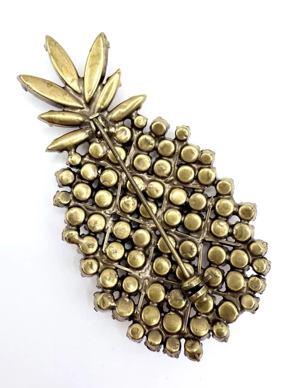 Austrian? Multicolored Topaz & Green Rhinestone Pineapple Brooch Vintage Jewelry