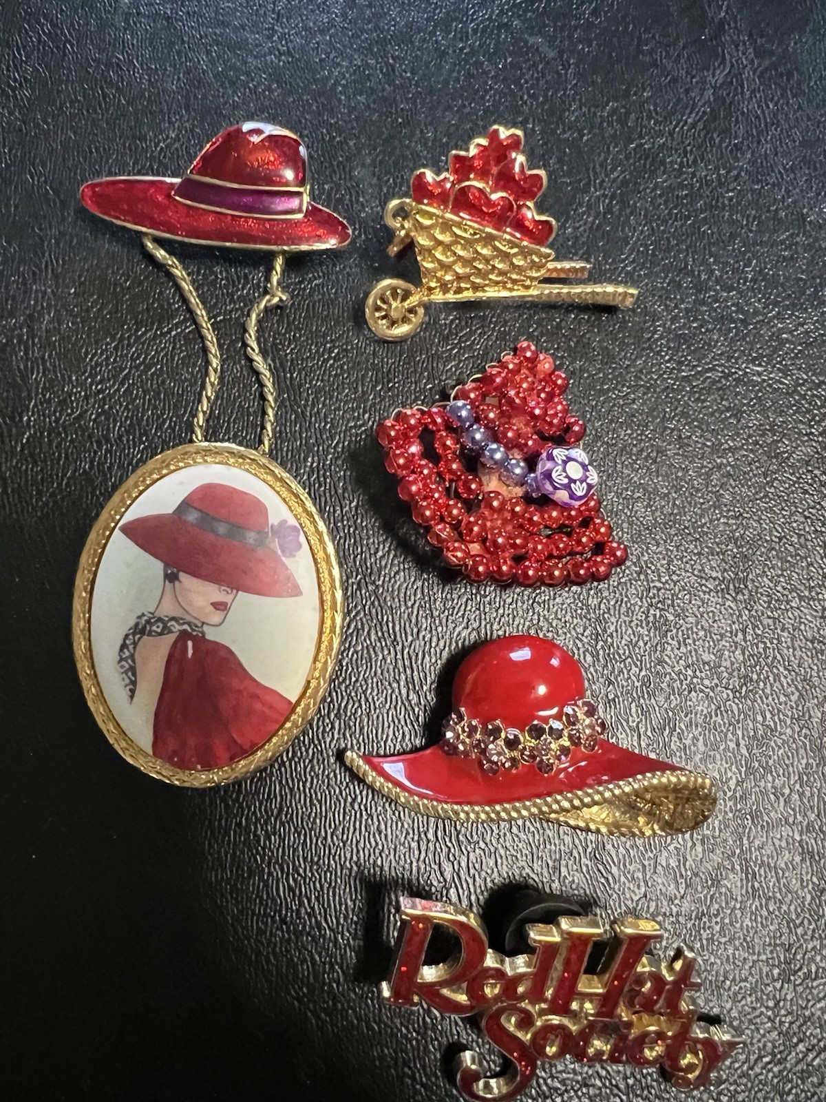Red Hat Society Jewelry Lot Of 54 Brooches Bracelets Watch Necklaces Charms Box