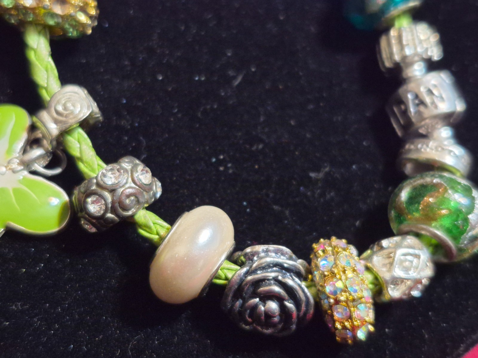 Pandora 7 3/4″ Leather Braid Bracelet Sterling Barrel Clasp & 18 Fancy Charms !!