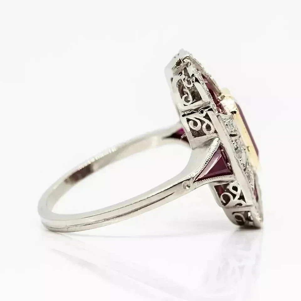 4Ct Art Deco Style Ruby & Lab-Created Diamond Engagement 14K White Gold FN Ring