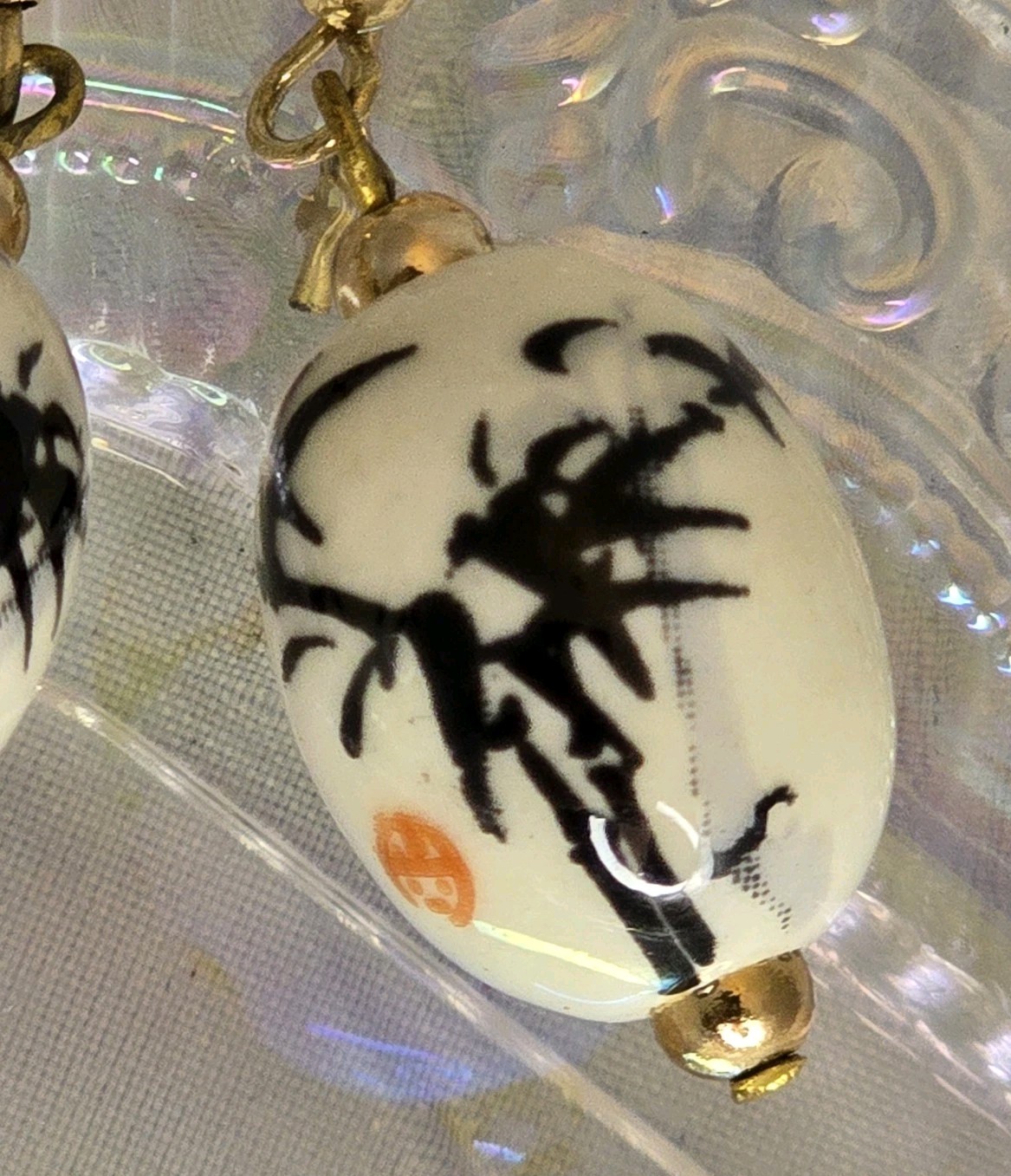 Earrings White Porcelain Bamboo Dangle Earrings Asian Inspired Gold Tone #1019