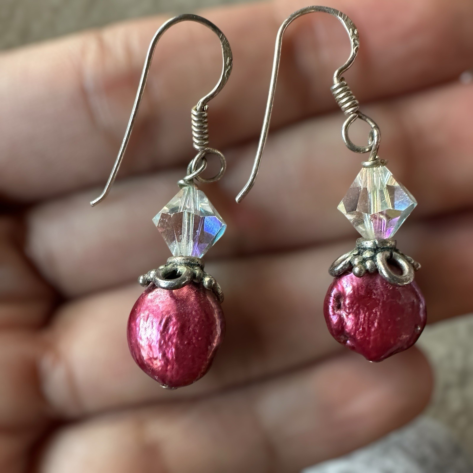 VTG 2 Pairs Dangle Drop Earrings Crystal Shell Acrylic Beads 925 Sterling Silver