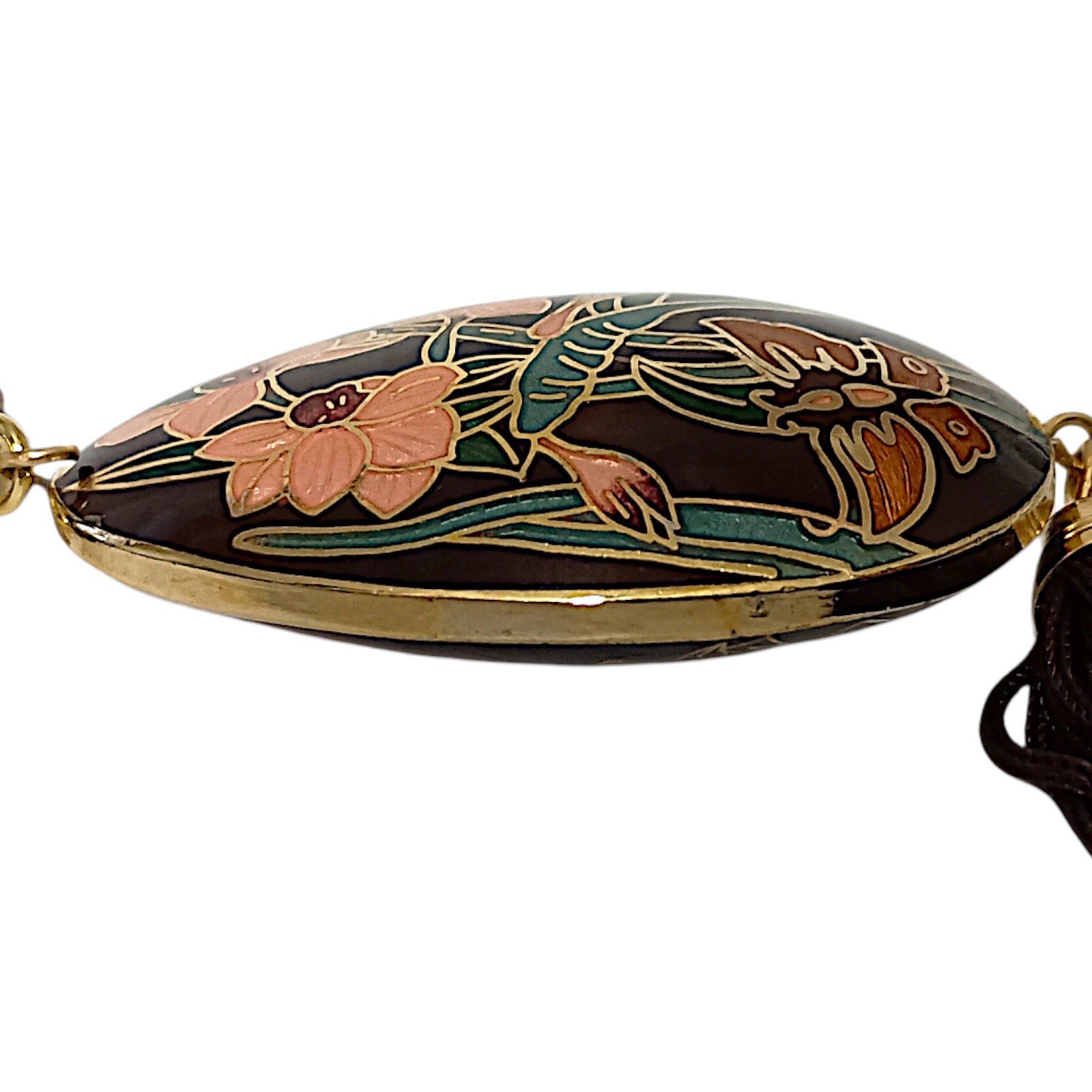 Vtg Butterfly Cloisonne Necklace 70s Pendant Tassel Woven Cord Brown Dual Sided