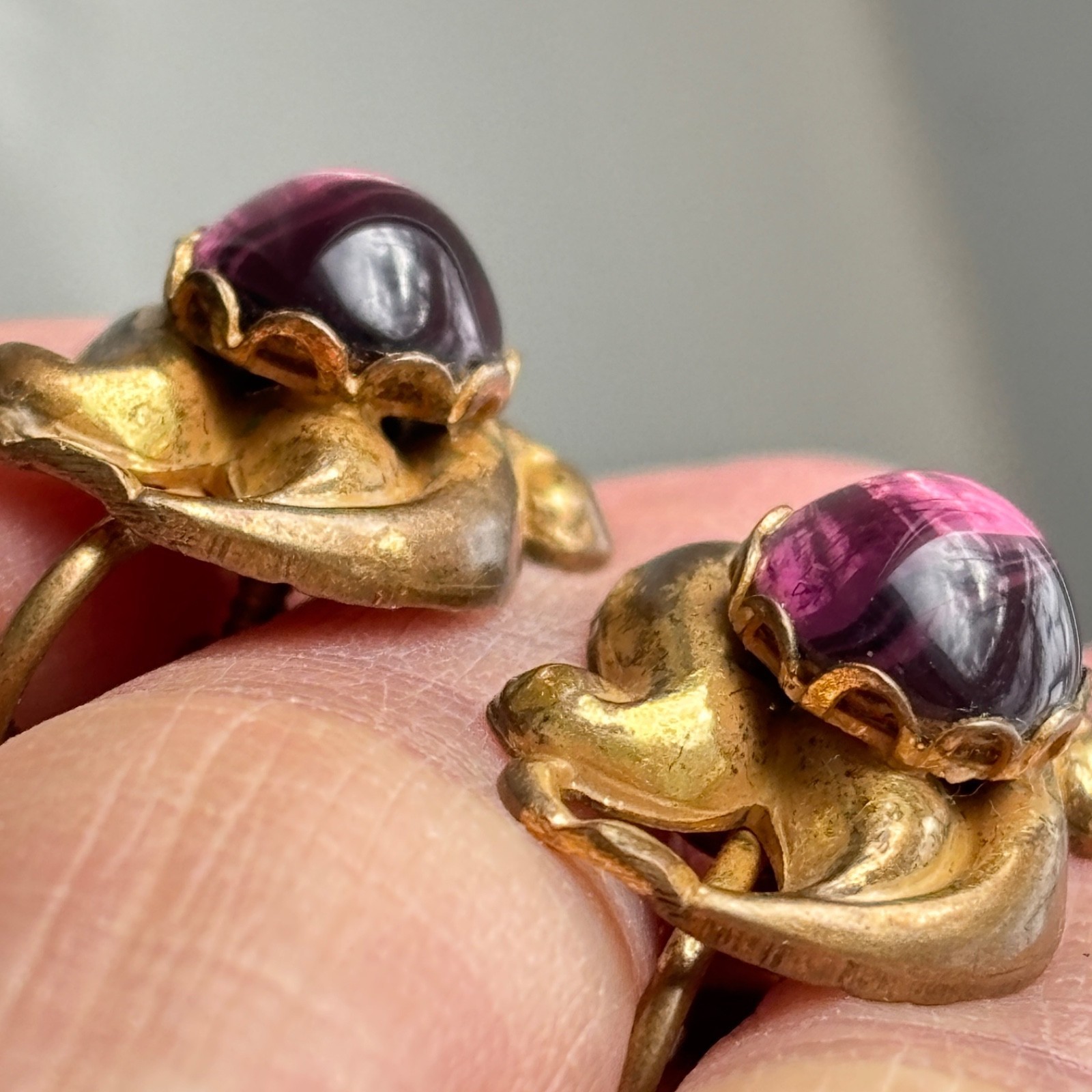Vintage Miriam Haskell Earrings Signed Purple Pink Gripoix Glass Cabochon