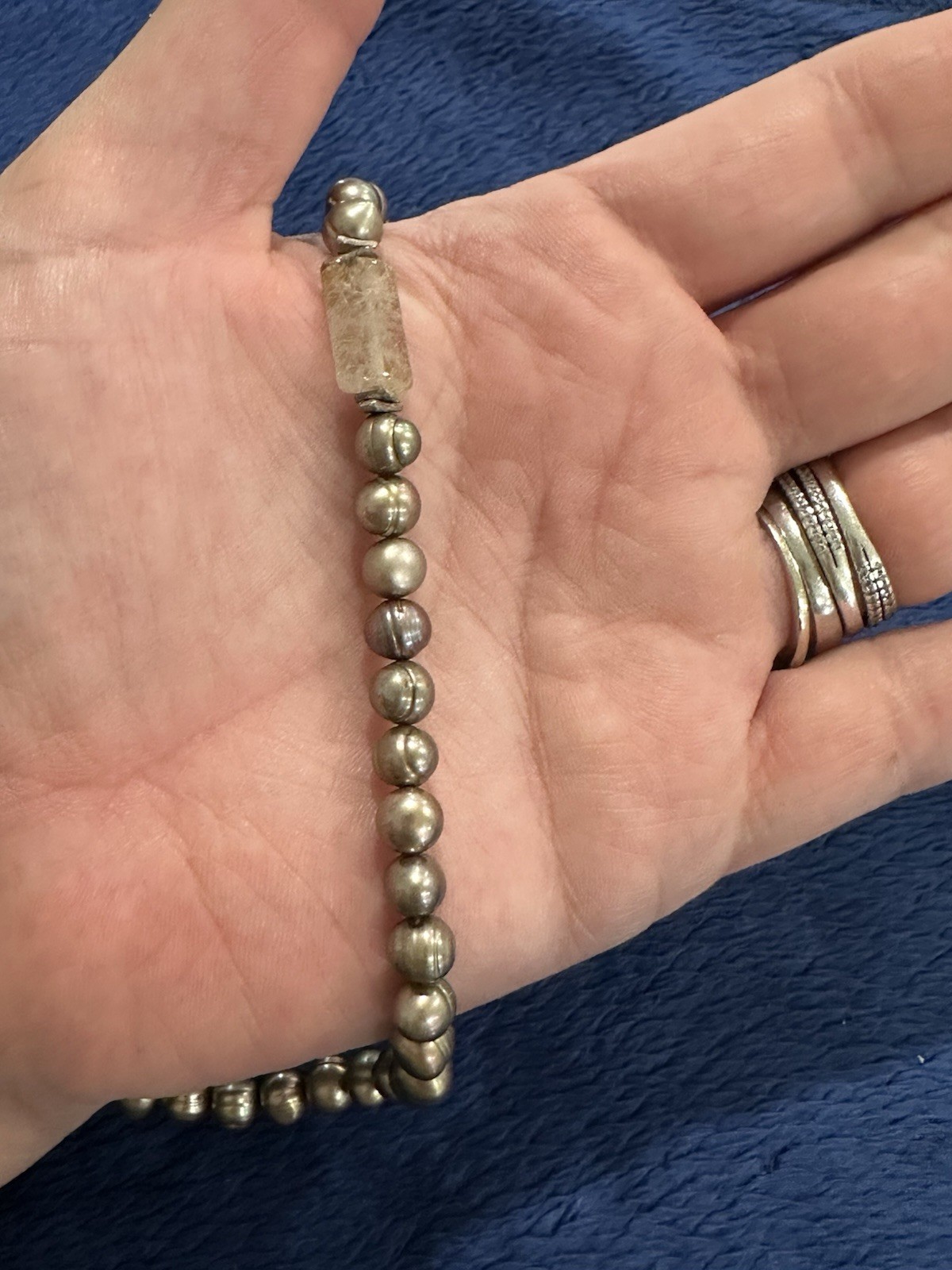 Vtg Sterling Silver Grey Pearl Strand Crystal Quartz Necklace, 16.5in Long
