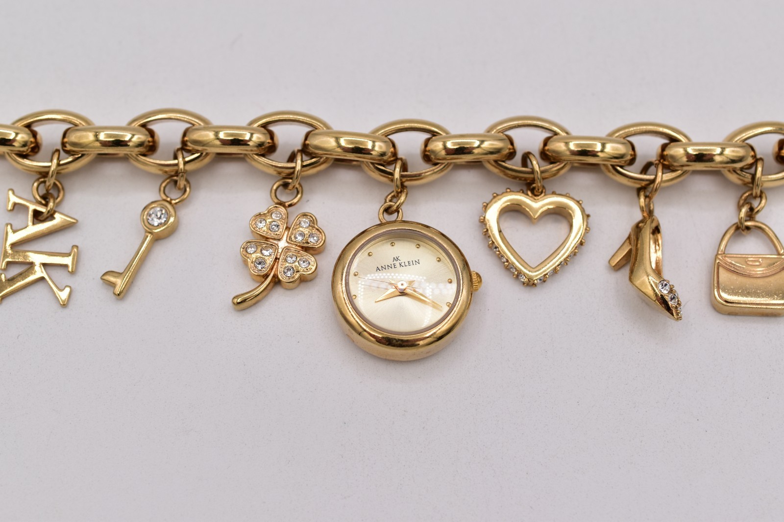 Anne Klein Gold Watch Charm Bracelet Heart Shoe Purse Clover AK Crystal BinAD